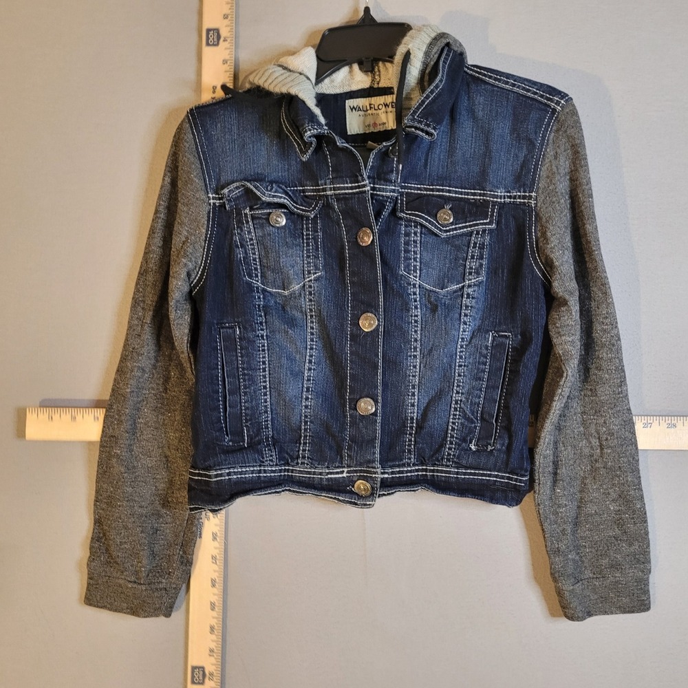 Wallflower Womens Small Denim Jacket Gray Knit Hooded Sleeves Dark Wash Cropped